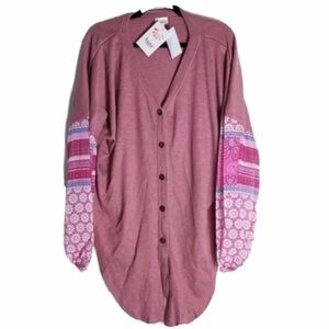 BAEA Pink Cardigan Thermal/Waffle Knit Floral Sheer Sleeves Hi-Lo Hem Size 1X